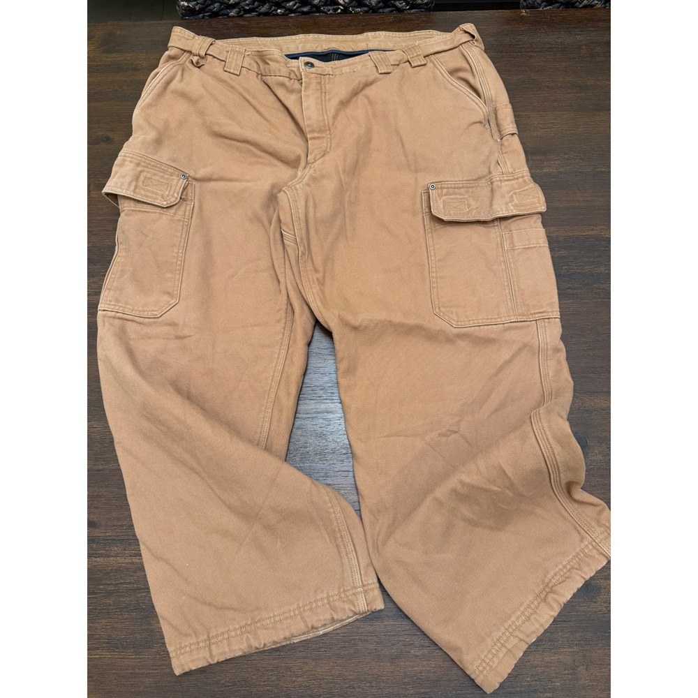 Duluth Trading Co Fire Hose Fleece Lined Cargo Work Pants Tan Mens 44x30 Relaxed
